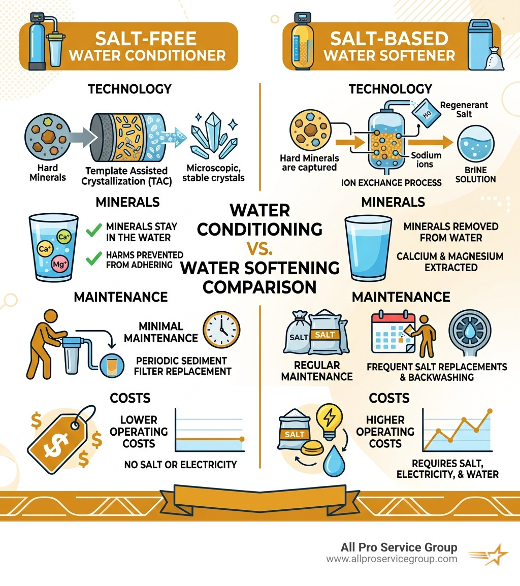 Salt free vs salt based water softener comparison infographic showing technology, mineral removal, maintenance, and cost