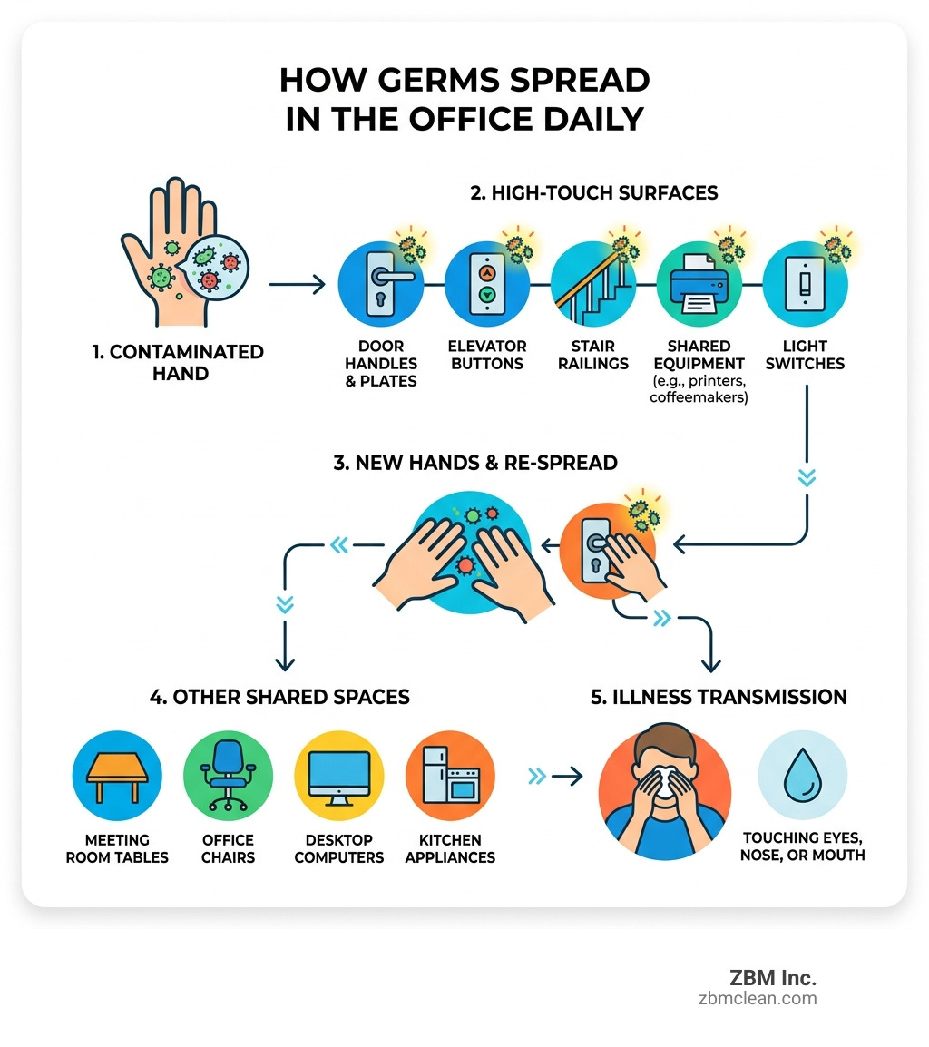 Infographic showing how germs spread through shared office surfaces and high-touch points daily - daily cleaning checklist Infographic showing how germs spread through shared office surfaces and high-touch points daily - daily cleaning checklist