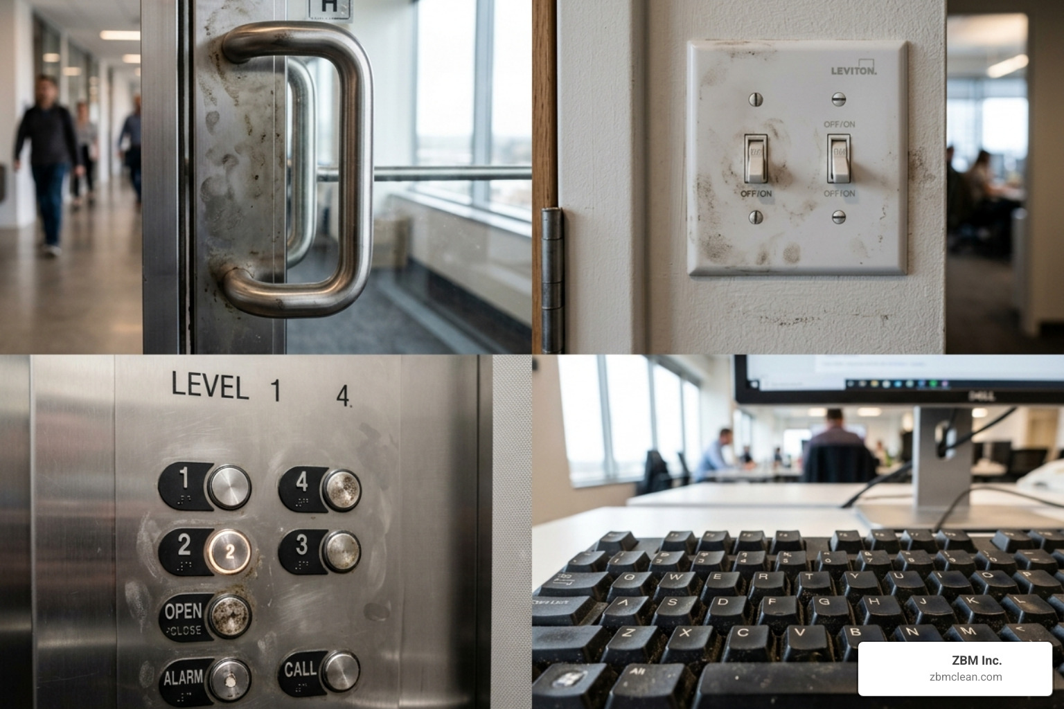 Close-up of high-touch germ hotspots in a modern office like door handles and light switches - daily cleaning checklist for Close-up of high-touch germ hotspots in a modern office like door handles and light switches - daily cleaning checklist for