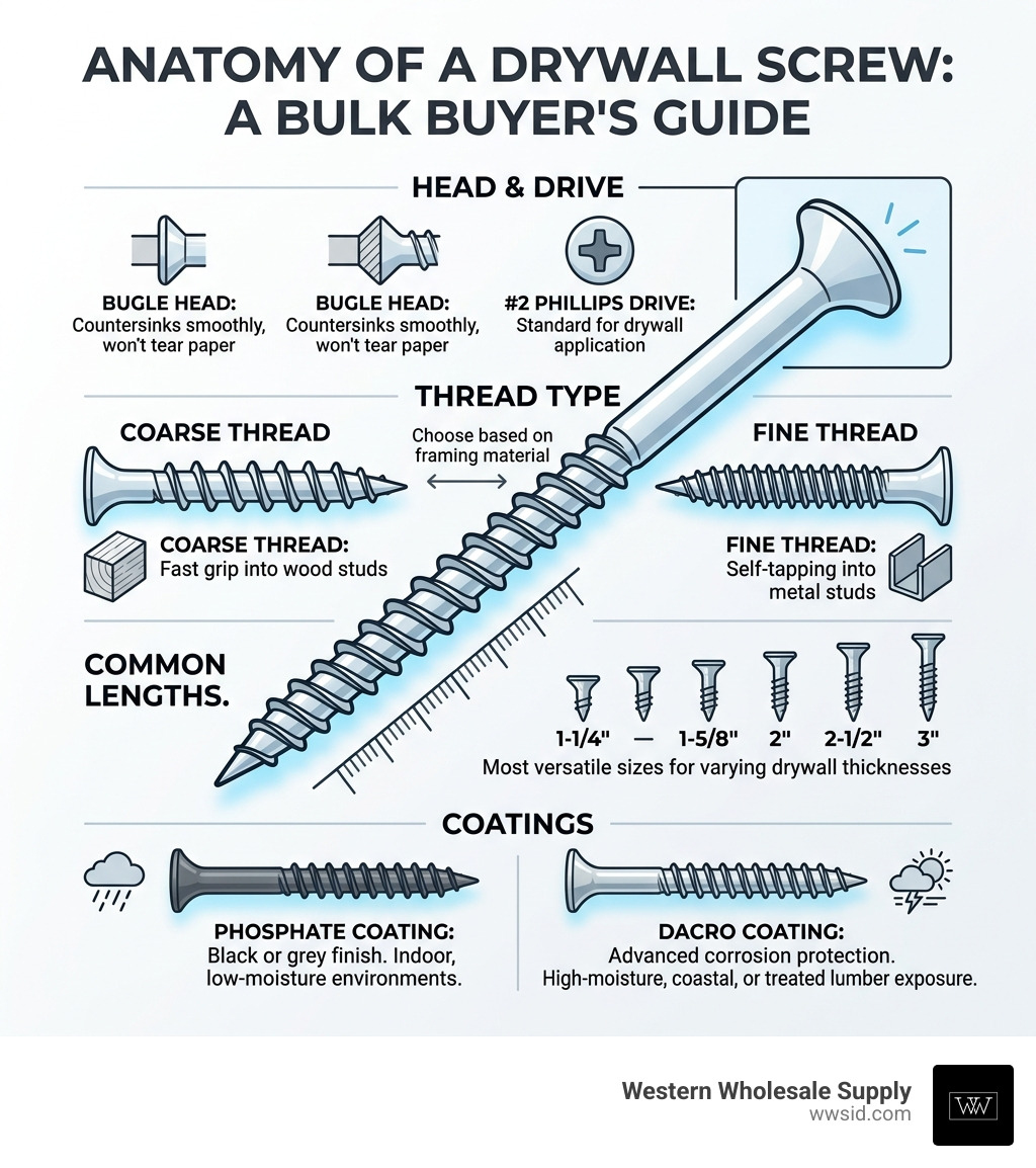 Infographic showing drywall screw anatomy: bugle head, Phillips drive, coarse vs fine thread, common lengths, and coatings Infographic showing drywall screw anatomy: bugle head, Phillips drive, coarse vs fine thread, common lengths, and coatings