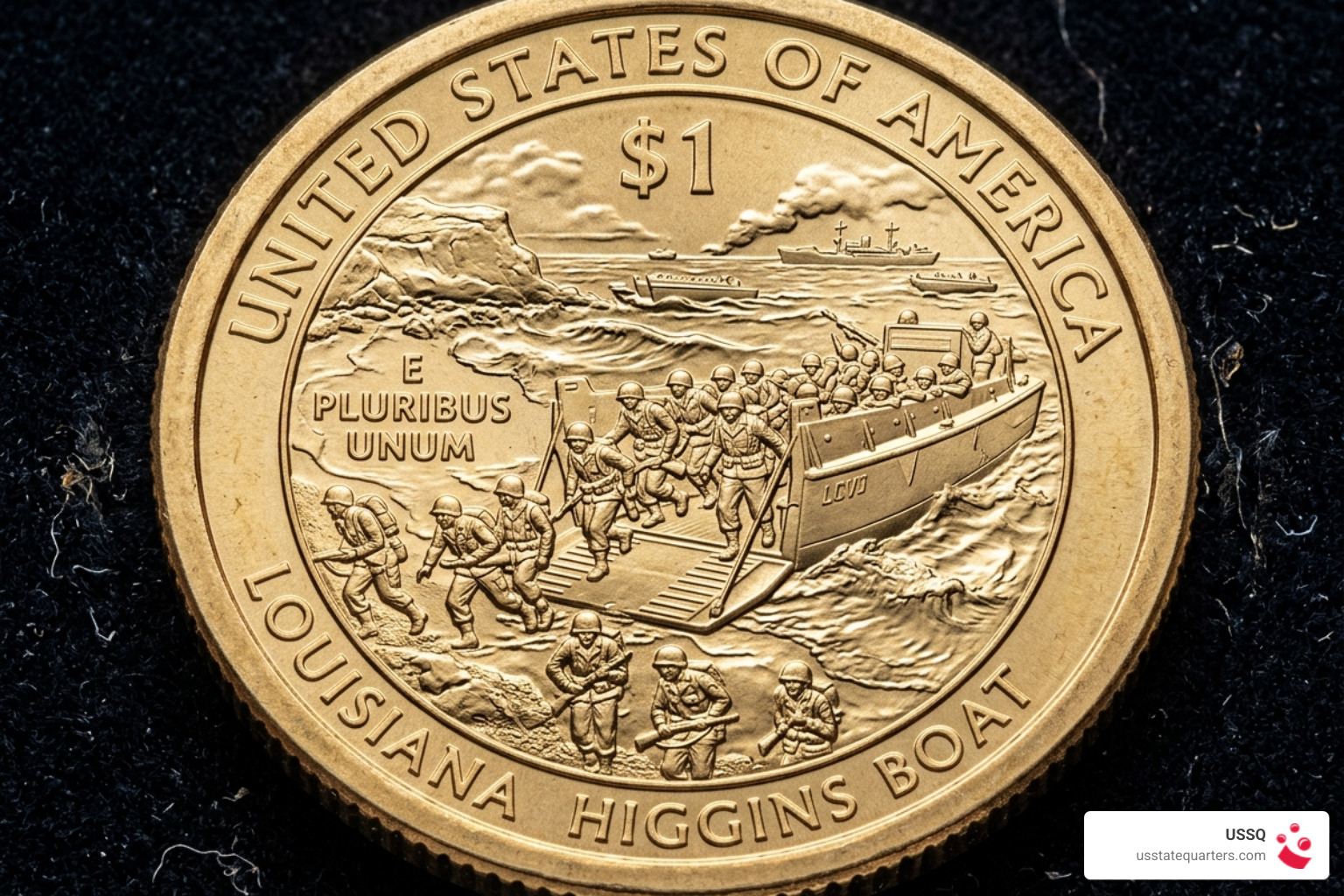 Louisiana Higgins Boat American Innovation Dollar reverse design showing landing craft on beach - american innovation dollars