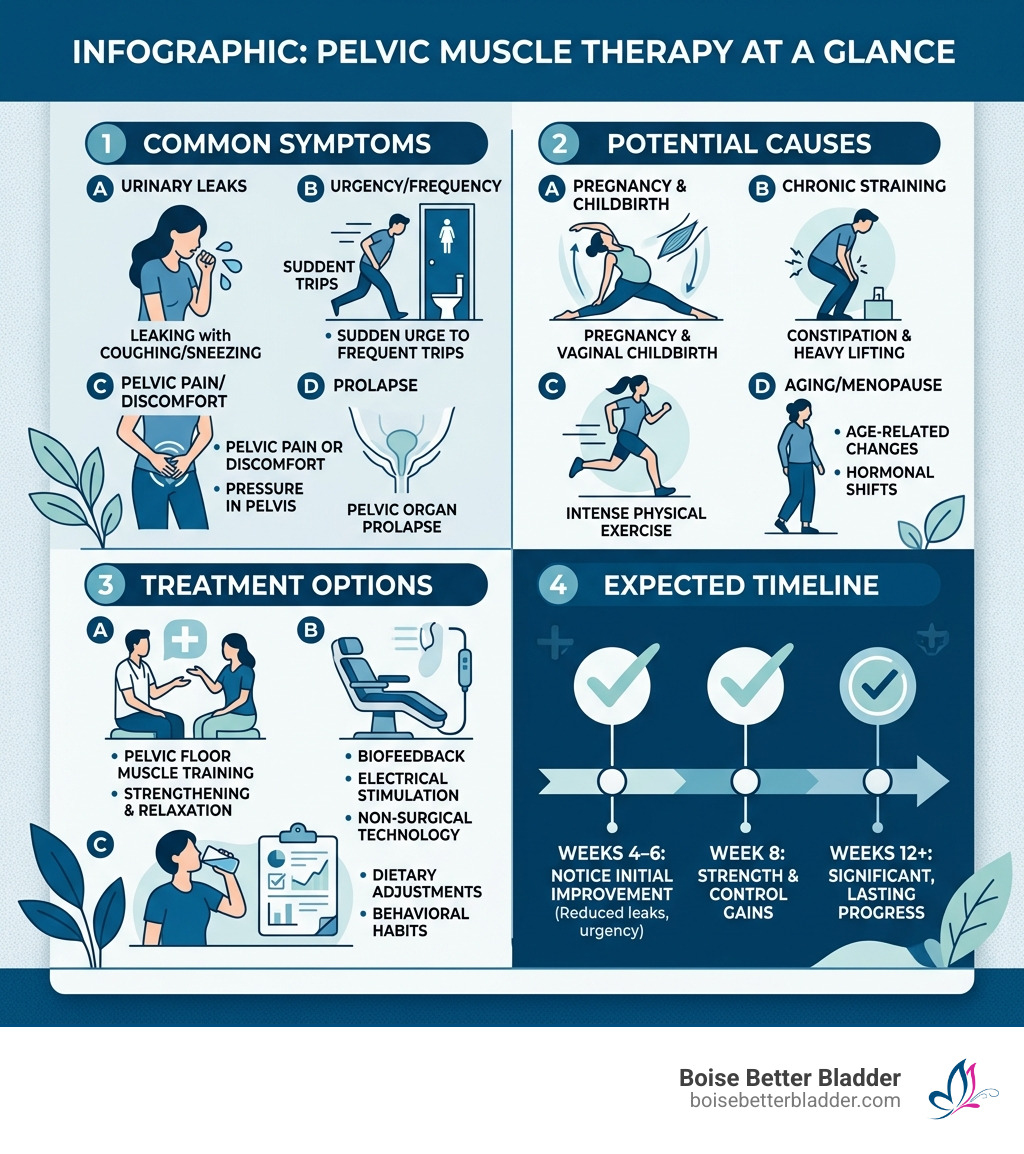 Infographic: Pelvic Muscle Therapy at a Glance — symptoms, causes, treatment options, and expected timeline - pelvic muscle Infographic: Pelvic Muscle Therapy at a Glance — symptoms, causes, treatment options, and expected timeline - pelvic muscle