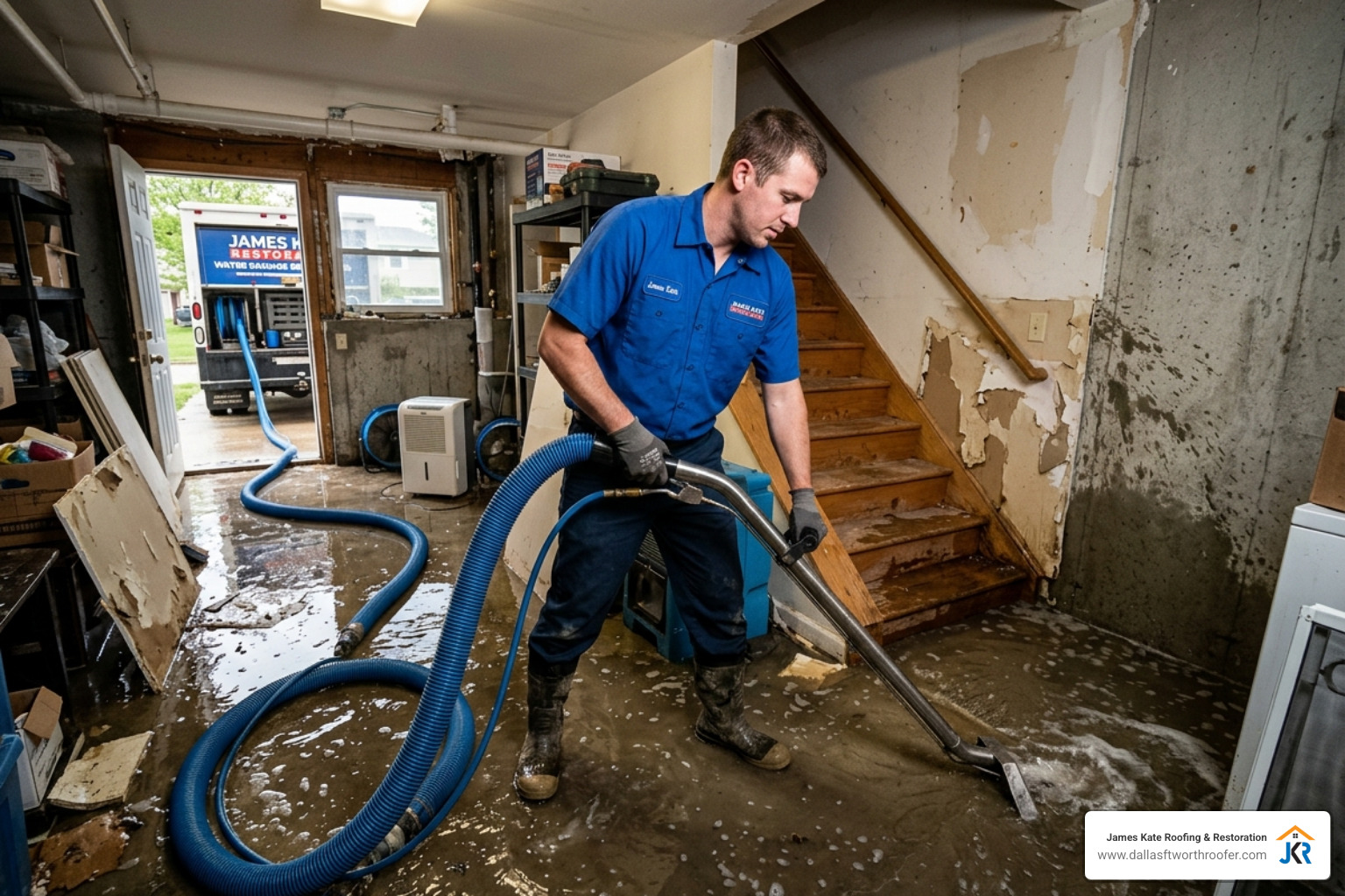 technician in royal blue James Kate shirt using a truck-mounted water extractor - basement flood cleanup near me technician in royal blue James Kate shirt using a truck-mounted water extractor - basement flood cleanup near me