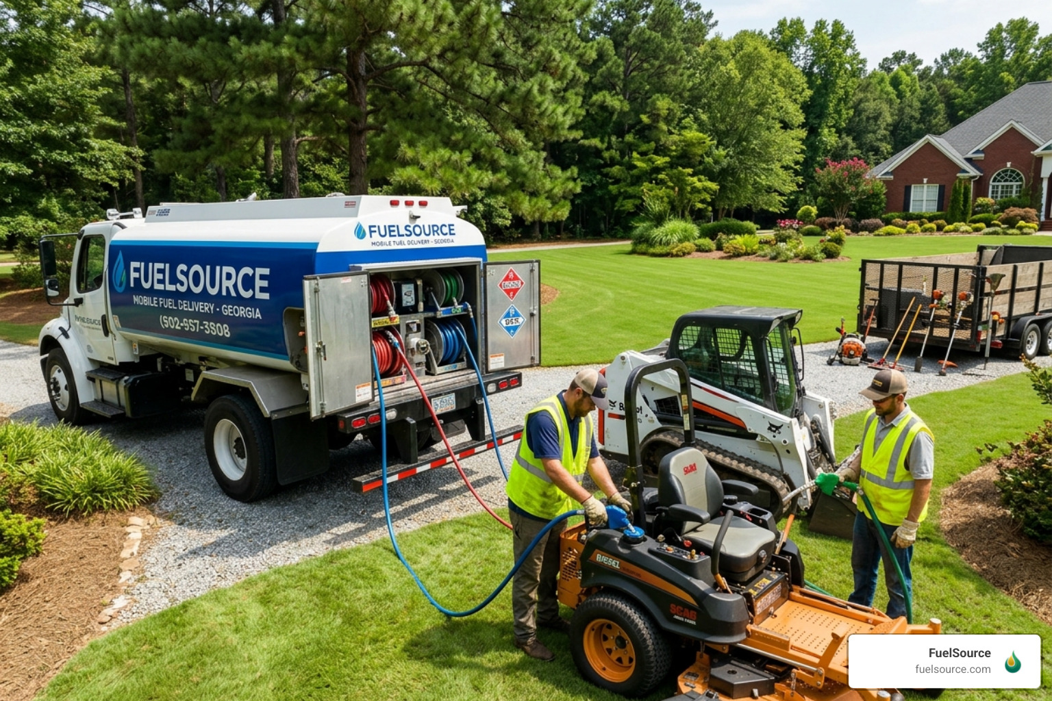 FuelSource mobile fuel delivery truck servicing a landscaping fleet - landscaping def fuel service FuelSource mobile fuel delivery truck servicing a landscaping fleet - landscaping def fuel service