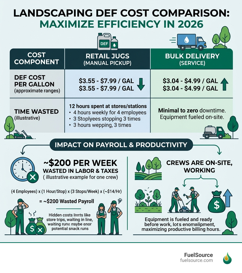 Table comparing DEF costs: Retail jugs vs. Bulk delivery and the impact on payroll - landscaping def fuel service Table comparing DEF costs: Retail jugs vs. Bulk delivery and the impact on payroll - landscaping def fuel service