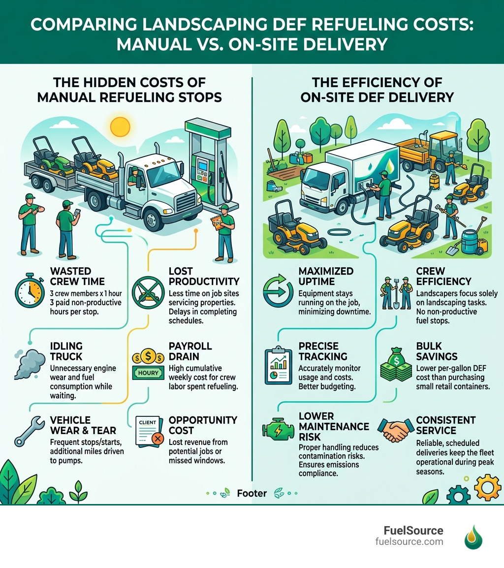 Infographic showing hidden costs of manual refueling stops for landscaping fleets vs. on-site DEF delivery - landscaping def Infographic showing hidden costs of manual refueling stops for landscaping fleets vs. on-site DEF delivery - landscaping def