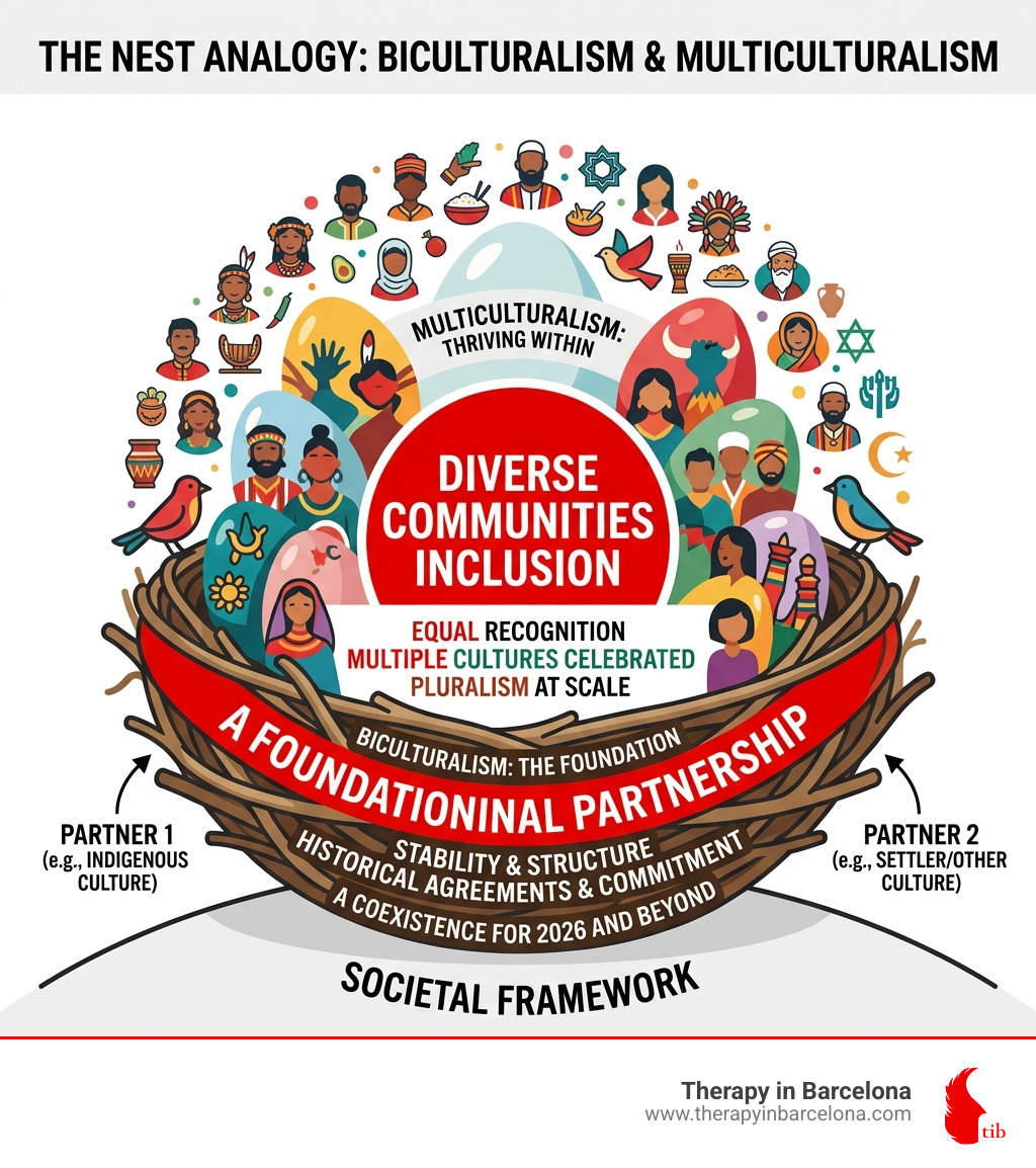 Nest analogy infographic: biculturalism as foundation, multiculturalism thriving within it - biculturalism and
