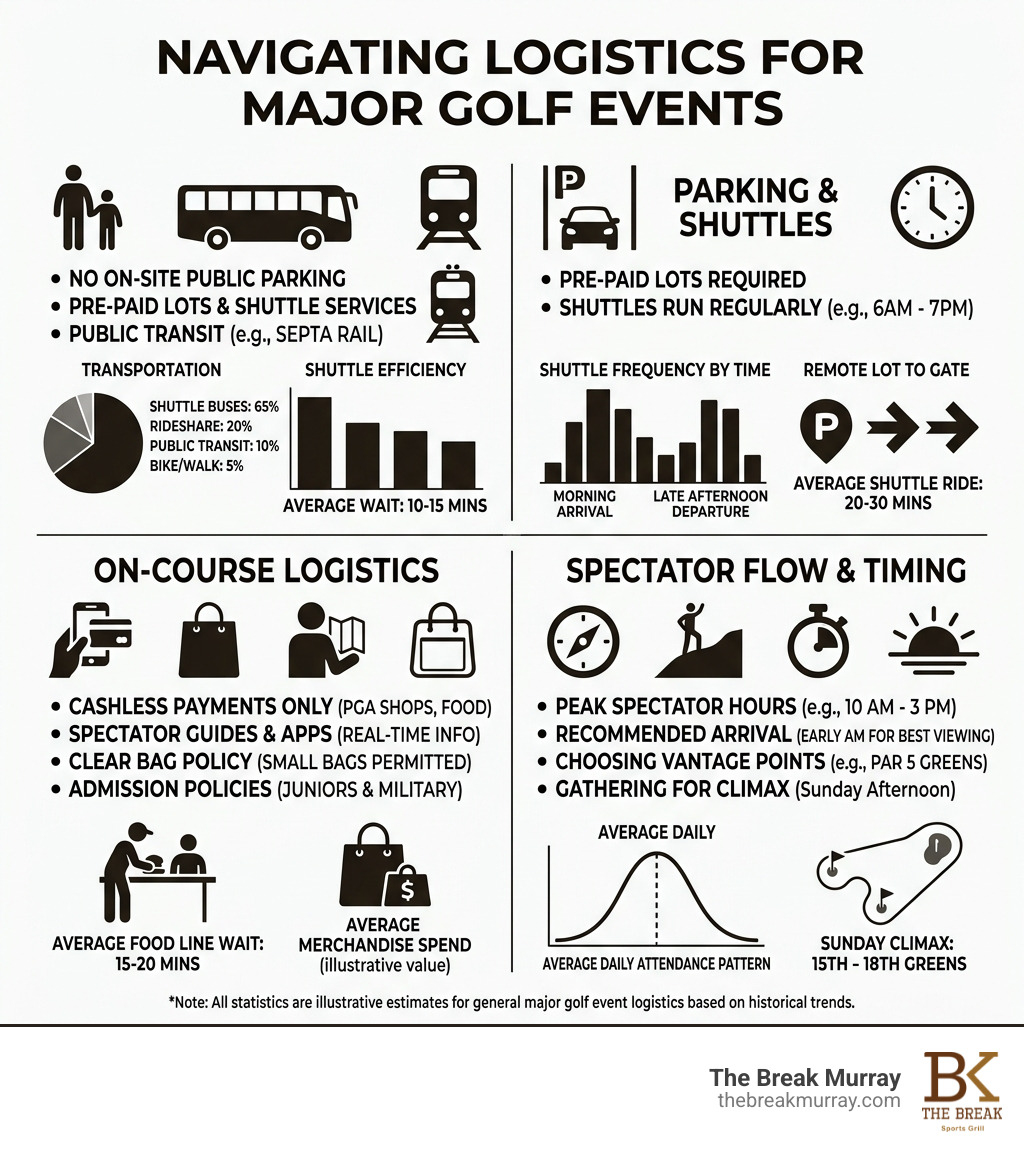 Logistics and parking statistics for major golf events - golf tournament watch spot infographic 