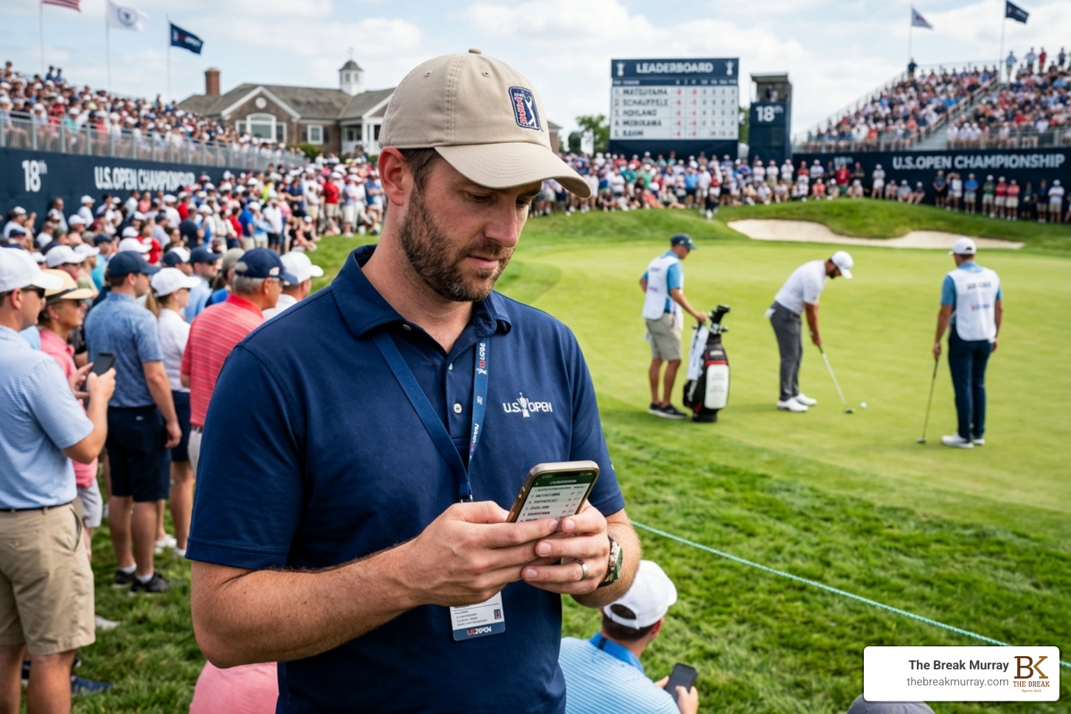 A spectator using a mobile app to track scores at a tournament - golf tournament watch spot