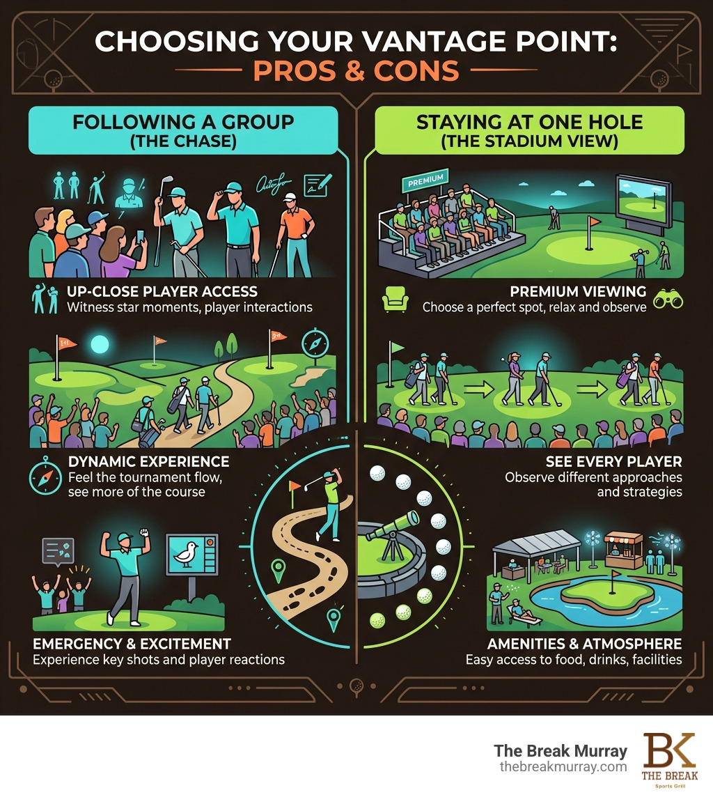 Pros and cons of following a group vs. staying at one hole at a golf tournament - golf tournament watch spot infographic 