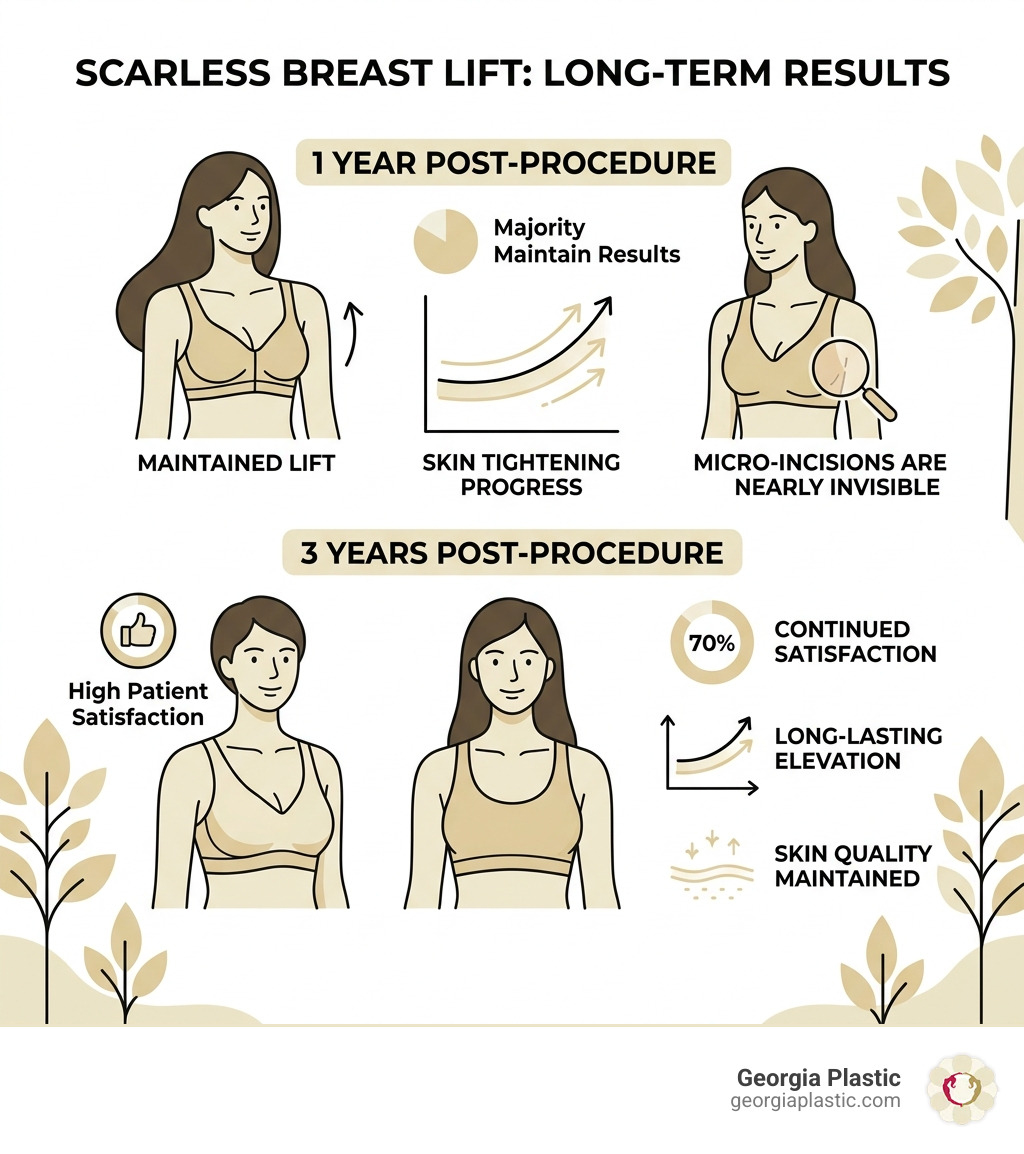 Infographic showing 3-year and 1-year long-term results of scarless breast lift patients - scarless breast lift atlanta
