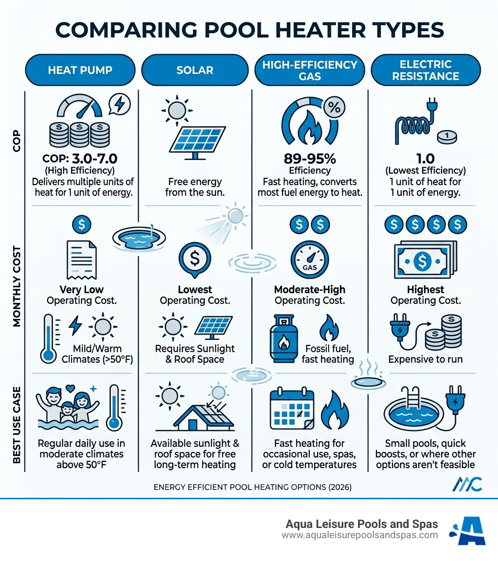 Infographic comparing pool heater types by COP, monthly cost, and best use case - energy efficient pool heater infographic Infographic comparing pool heater types by COP, monthly cost, and best use case - energy efficient pool heater infographic