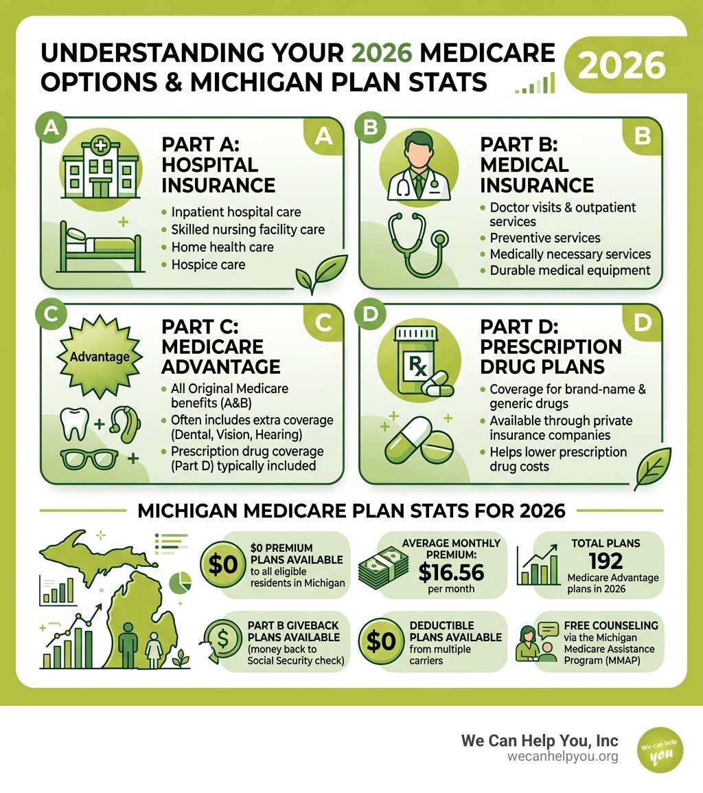 Infographic showing four parts of Medicare A B C D with Michigan plan stats for 2026 - Affordable Medicare Michigan Infographic showing four parts of Medicare A B C D with Michigan plan stats for 2026 - Affordable Medicare Michigan