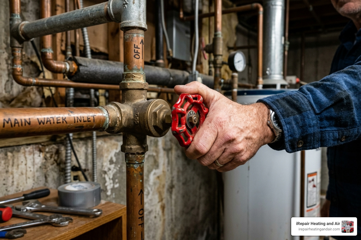 Homeowner turning off a main water shut-off valve - emergency plumber provo