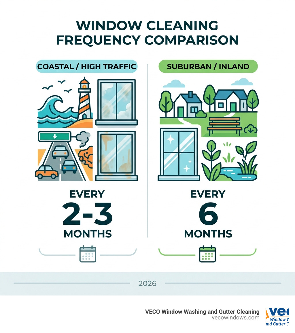 Table comparing cleaning frequency: Coastal/High Traffic (Every 2-3 months) vs. Suburban/Inland (Every 6 months) - home Table comparing cleaning frequency: Coastal/High Traffic (Every 2-3 months) vs. Suburban/Inland (Every 6 months) - home