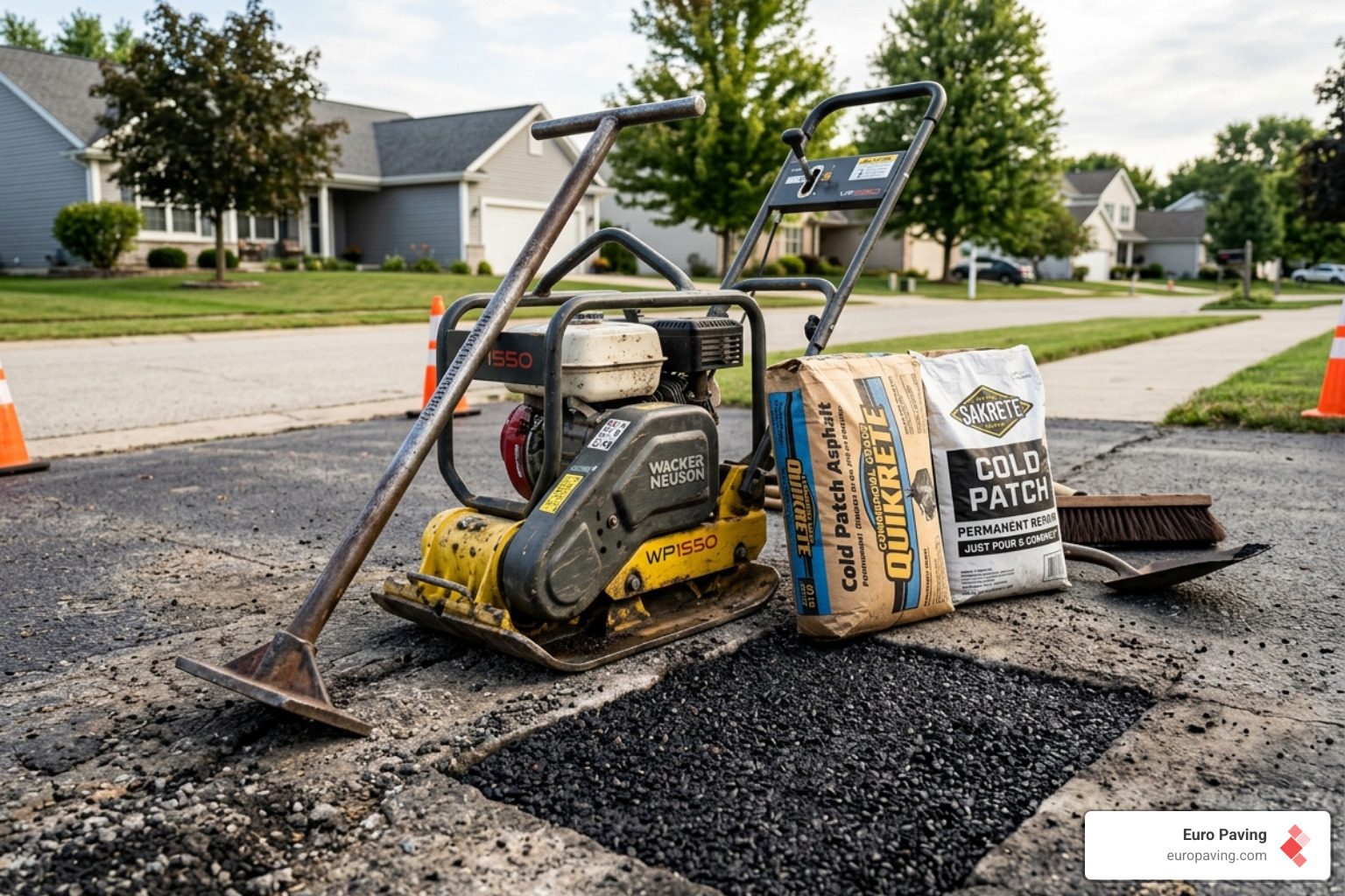 Professional-grade asphalt tamping tools and cold patch bags - fill hole in asphalt driveway Professional-grade asphalt tamping tools and cold patch bags - fill hole in asphalt driveway