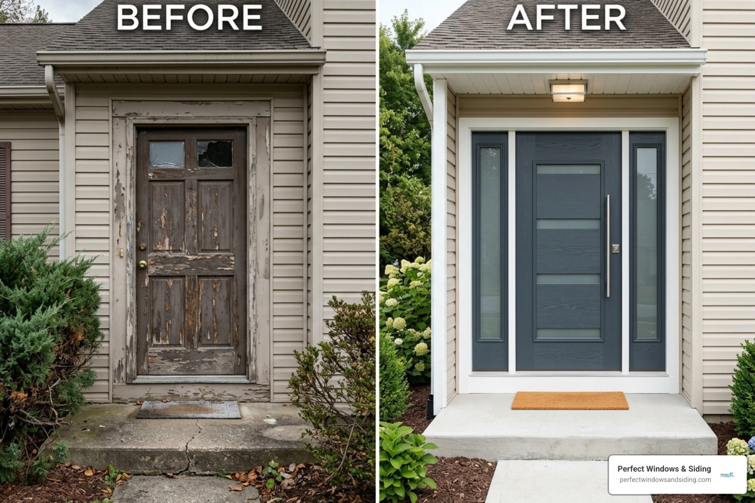 Before and after front door transformation showing an old wooden door replaced with a modern fiberglass door with sidelites Before and after front door transformation showing an old wooden door replaced with a modern fiberglass door with sidelites