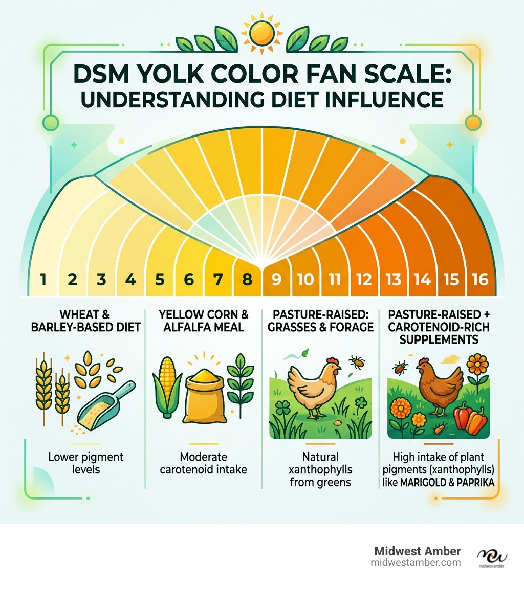 DSM Yolk Color Fan scale from 1 pale yellow to 16 deep orange with diet examples - amber egg yolk infographic DSM Yolk Color Fan scale from 1 pale yellow to 16 deep orange with diet examples - amber egg yolk infographic