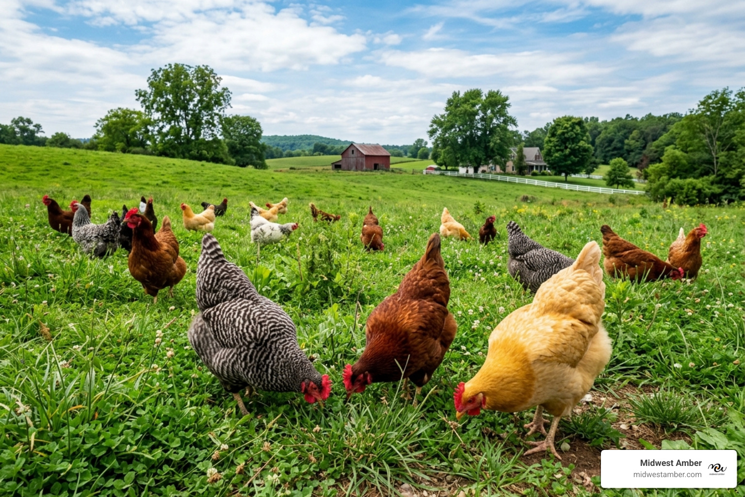 Hens foraging in a lush green field for insects and grass - amber egg yolk Hens foraging in a lush green field for insects and grass - amber egg yolk