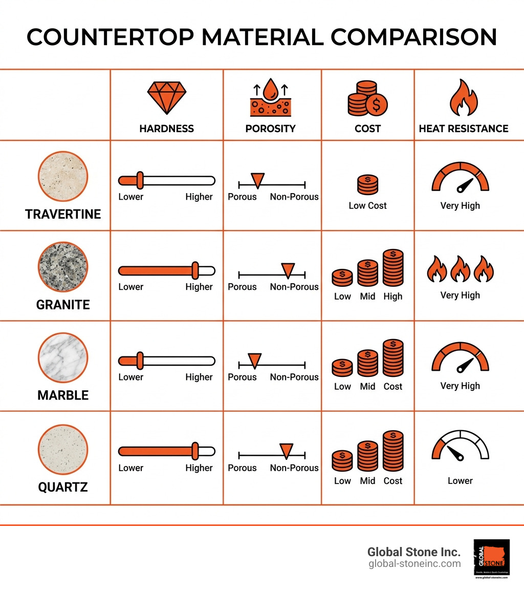 Table comparing travertine, granite, marble, and quartz on hardness, porosity, cost, and heat resistance - travertine