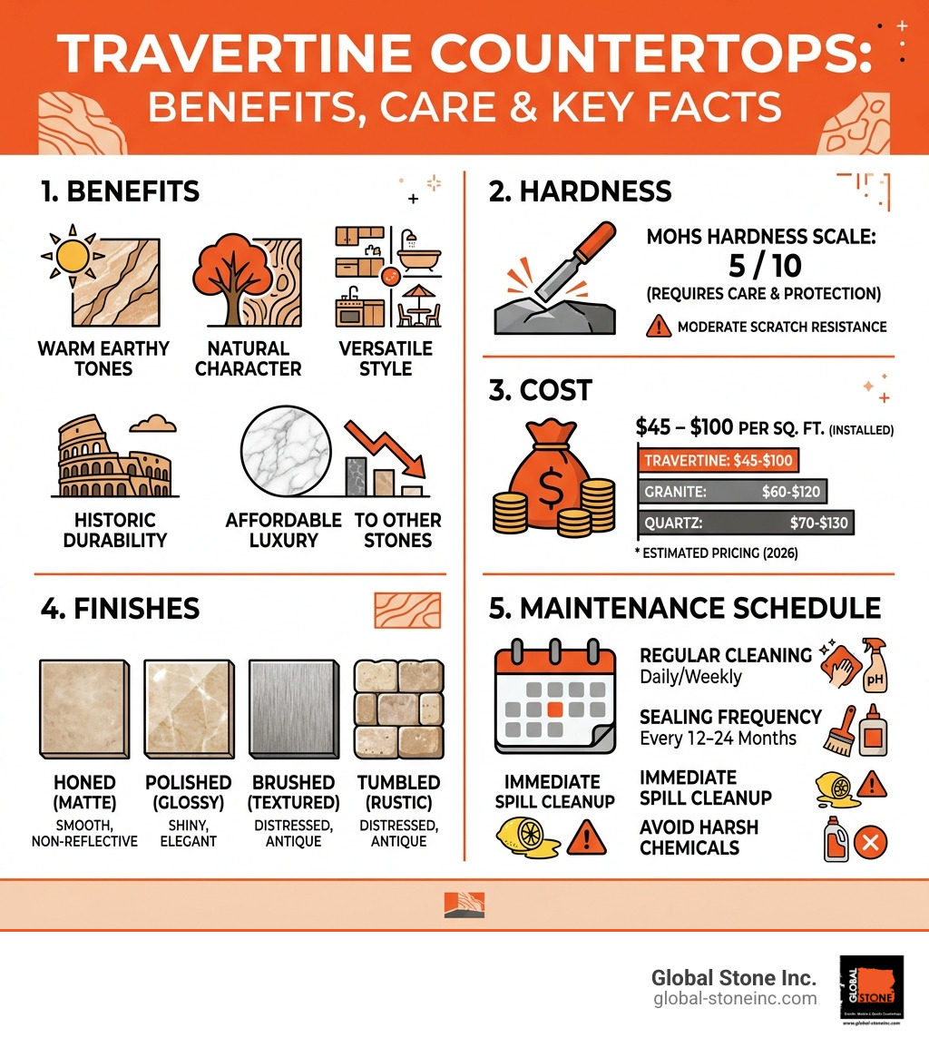 Infographic showing travertine countertop benefits, cost, hardness, finishes, and maintenance schedule - travertine