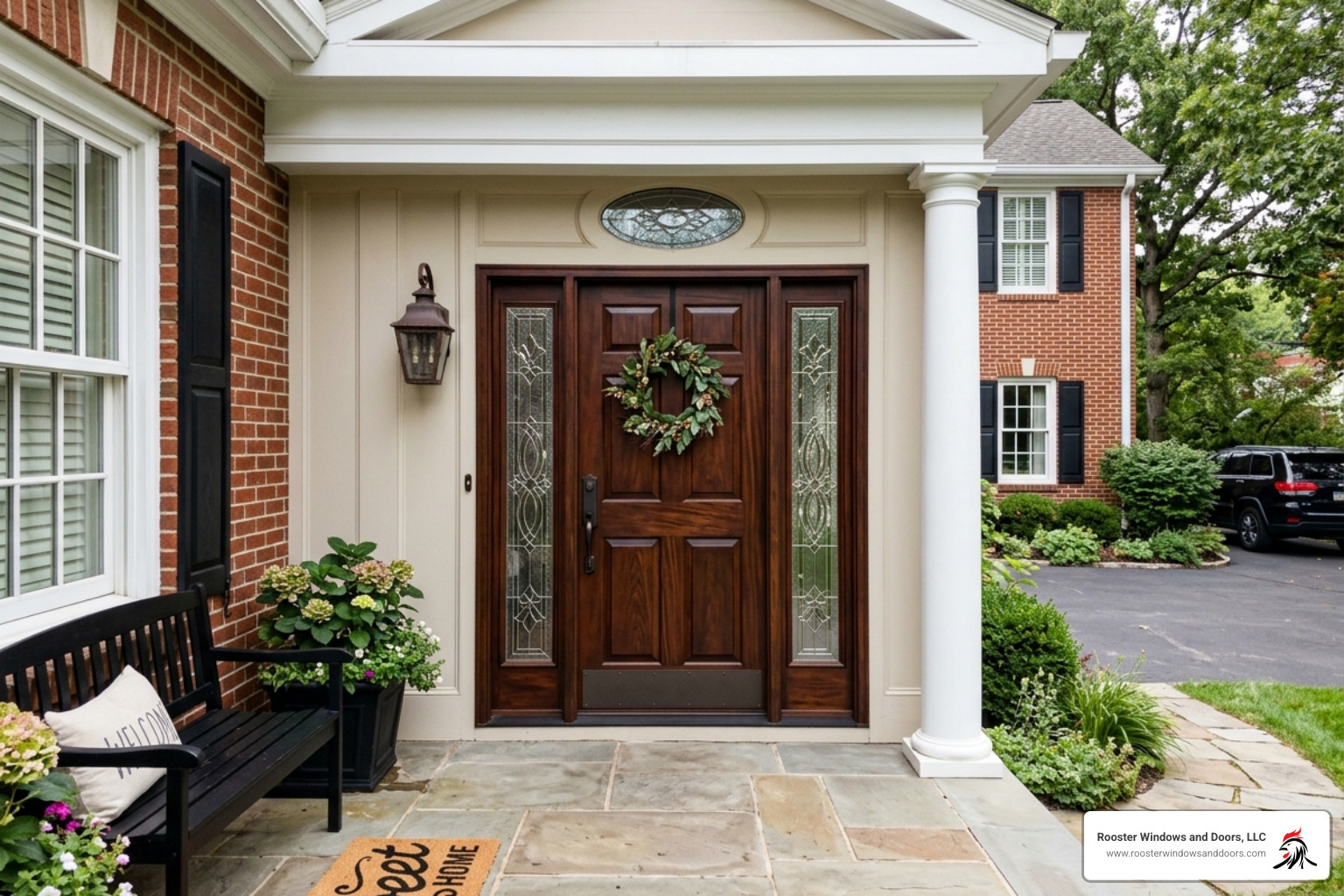 A 6-panel front door with decorative sidelights and a dark mahogany stain - 6 panel front door A 6-panel front door with decorative sidelights and a dark mahogany stain - 6 panel front door