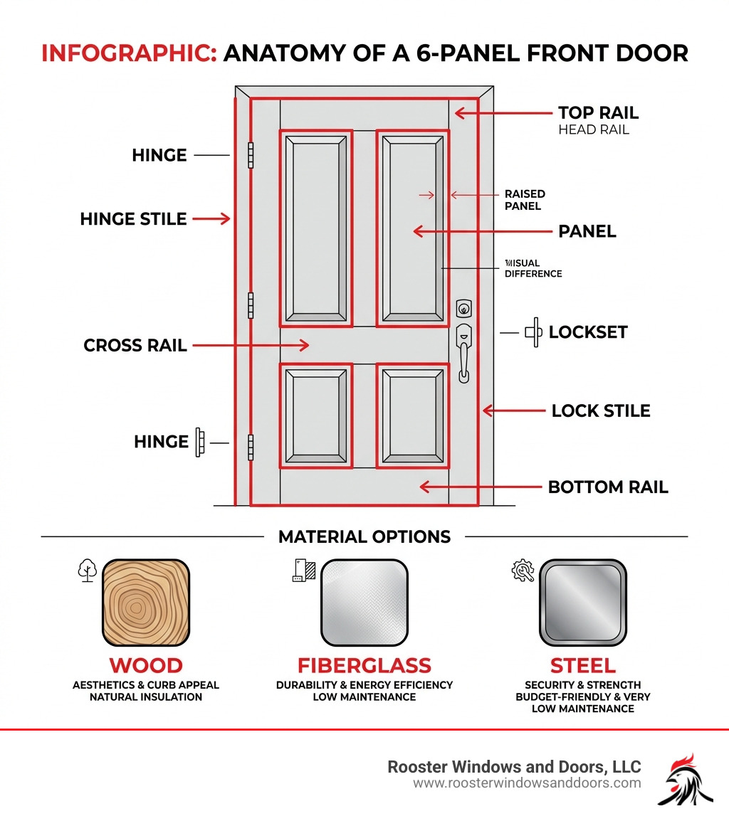 Infographic: anatomy of a 6-panel front door showing panels, rails, stiles, and material options - 6 panel front door Infographic: anatomy of a 6-panel front door showing panels, rails, stiles, and material options - 6 panel front door