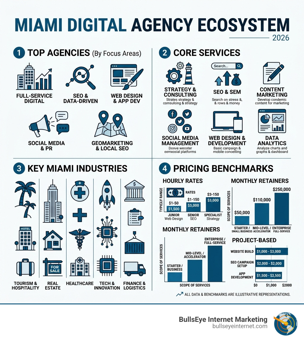 Miami digital agency ecosystem infographic showing top agencies, services, industries, and pricing benchmarks - Digital Miami digital agency ecosystem infographic showing top agencies, services, industries, and pricing benchmarks - Digital