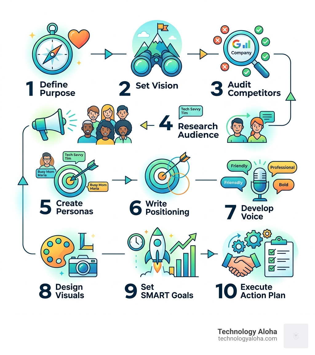 Infographic summarizing the 10 steps to brand success: 1. Define Purpose, 2. Set Vision, 3. Audit Competitors, 4. Research Infographic summarizing the 10 steps to brand success: 1. Define Purpose, 2. Set Vision, 3. Audit Competitors, 4. Research