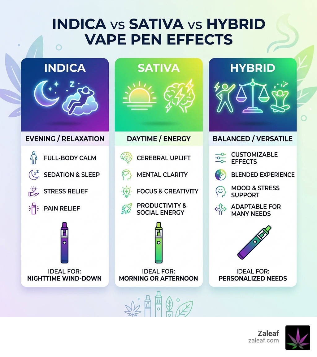 Indica vs Sativa vs Hybrid vape pen effects comparison infographic - indica and sativa pens infographic Indica vs Sativa vs Hybrid vape pen effects comparison infographic - indica and sativa pens infographic