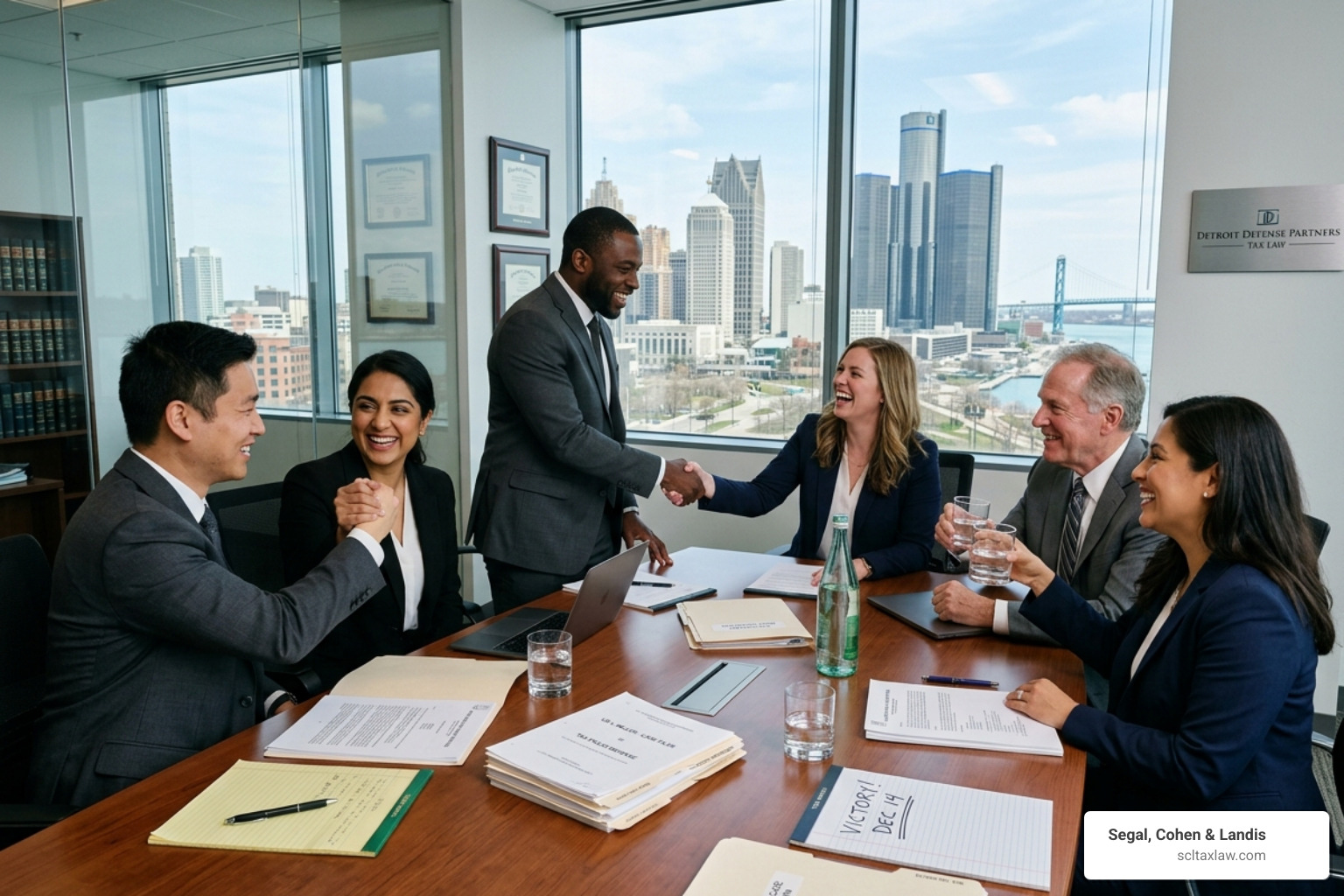 Legal defense team in Detroit discussing a successful tax fraud case outcome - Criminal tax attorney Detroit
