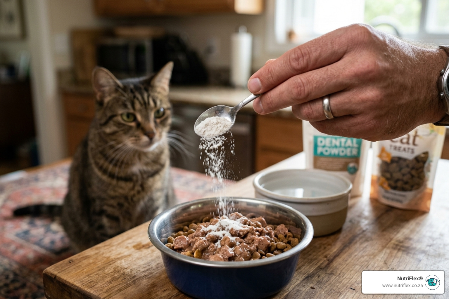 Dental Powder Being Sprinkled On Cat Food - Pure Cat Tartar Reduction Powder