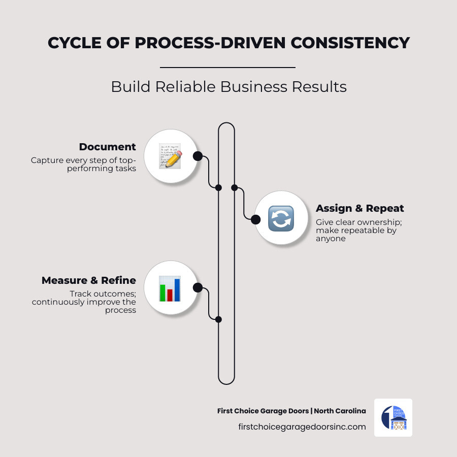 Infographic showing the cycle of process-driven consistency: Document, Assign, Repeat, Measure, Refine, and back to Document