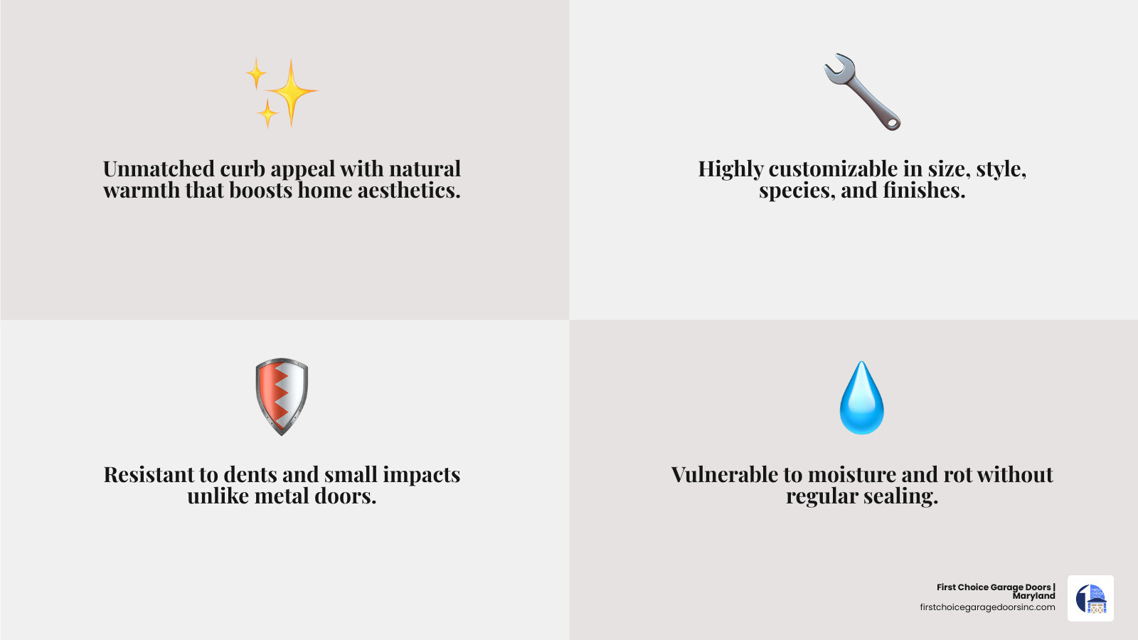 Infographic summarizing pros and cons of wood garage doors including aesthetics, maintenance, cost, and climate - pros and