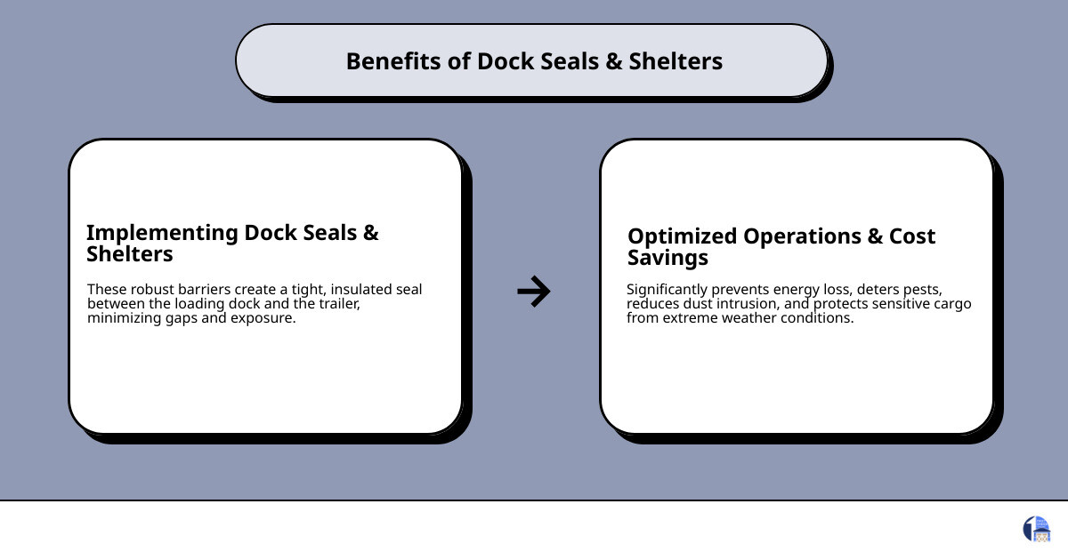 Infographic showing how dock seals and shelters prevent energy loss and keep out pests - choosing a provider with loading