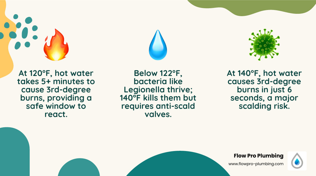 Infographic showing the Goldilocks Zone for water heater temperature from 120F to 140F with safety and bacteria risk Infographic showing the Goldilocks Zone for water heater temperature from 120F to 140F with safety and bacteria risk