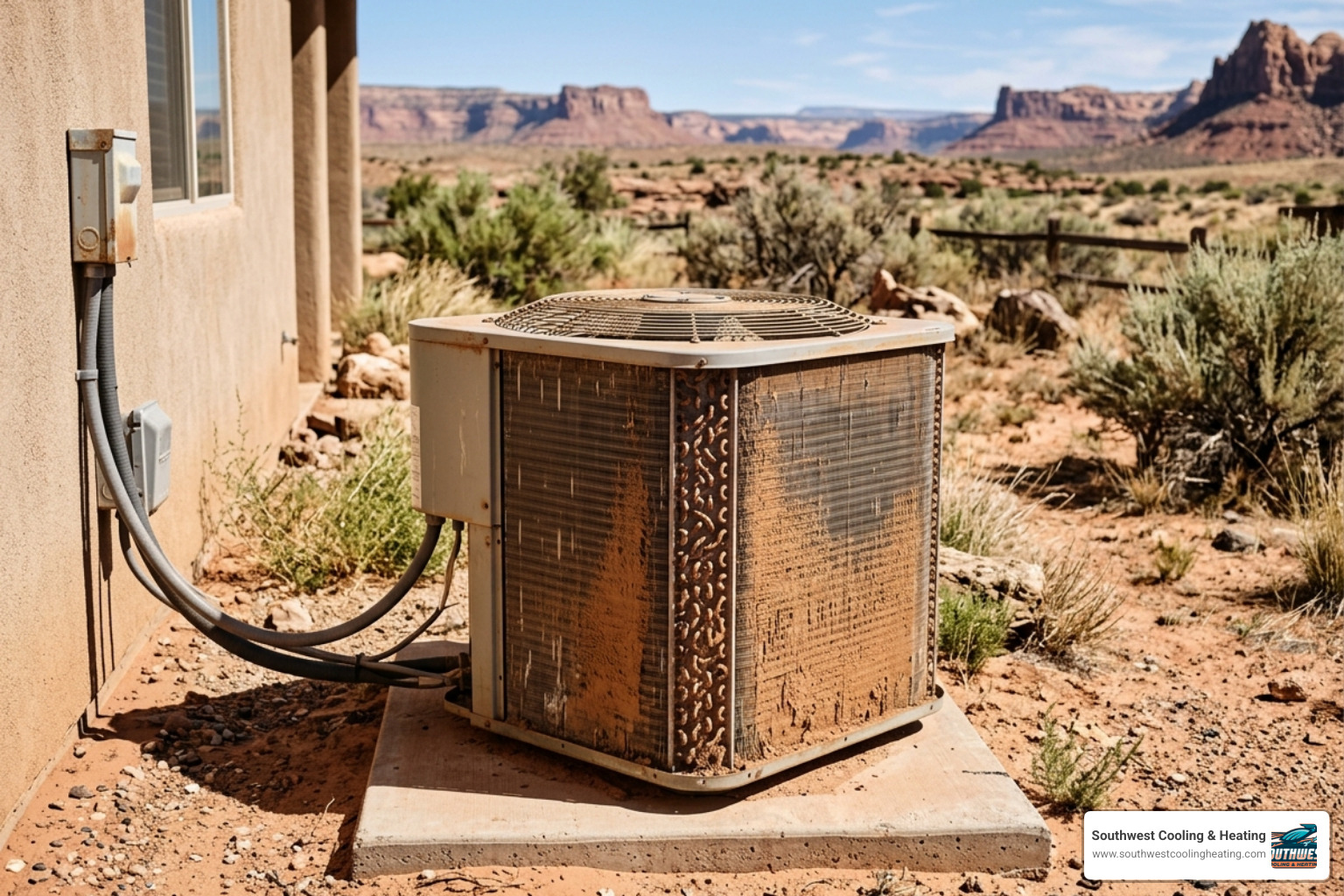A dusty outdoor HVAC condenser unit in a desert backyard setting - how southern utah climate affects your hvac system A dusty outdoor HVAC condenser unit in a desert backyard setting - how southern utah climate affects your hvac system