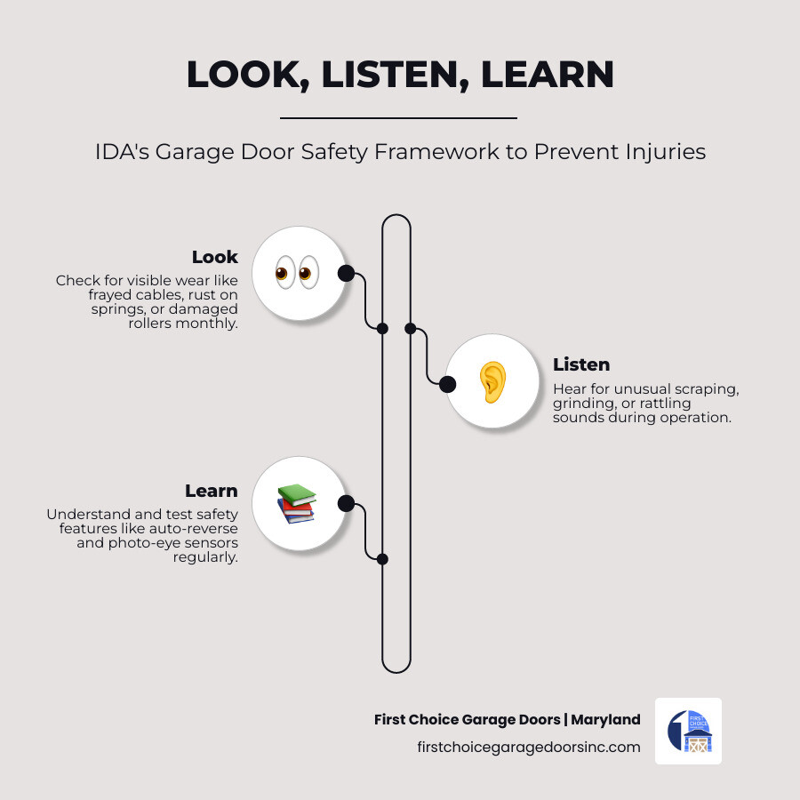 Infographic showing Look Listen Learn garage door safety tips for homeowners with key checks and statistics - garage door