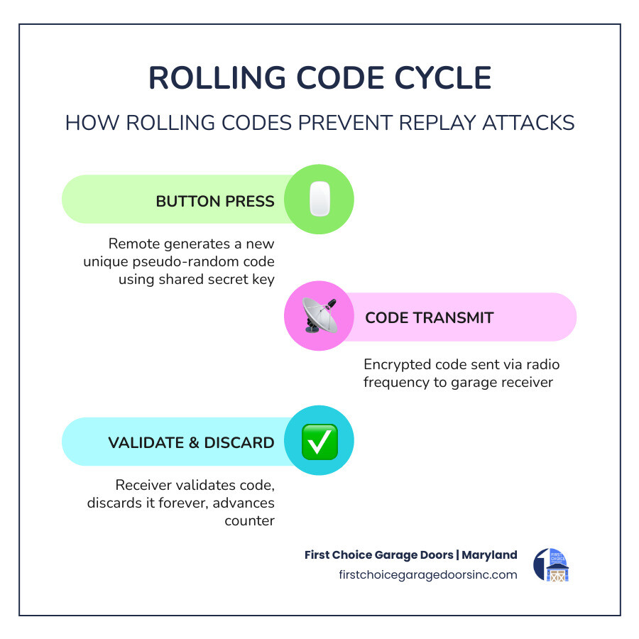 Infographic showing the rolling code cycle: button press, new code generated, code transmitted, receiver validates, old code