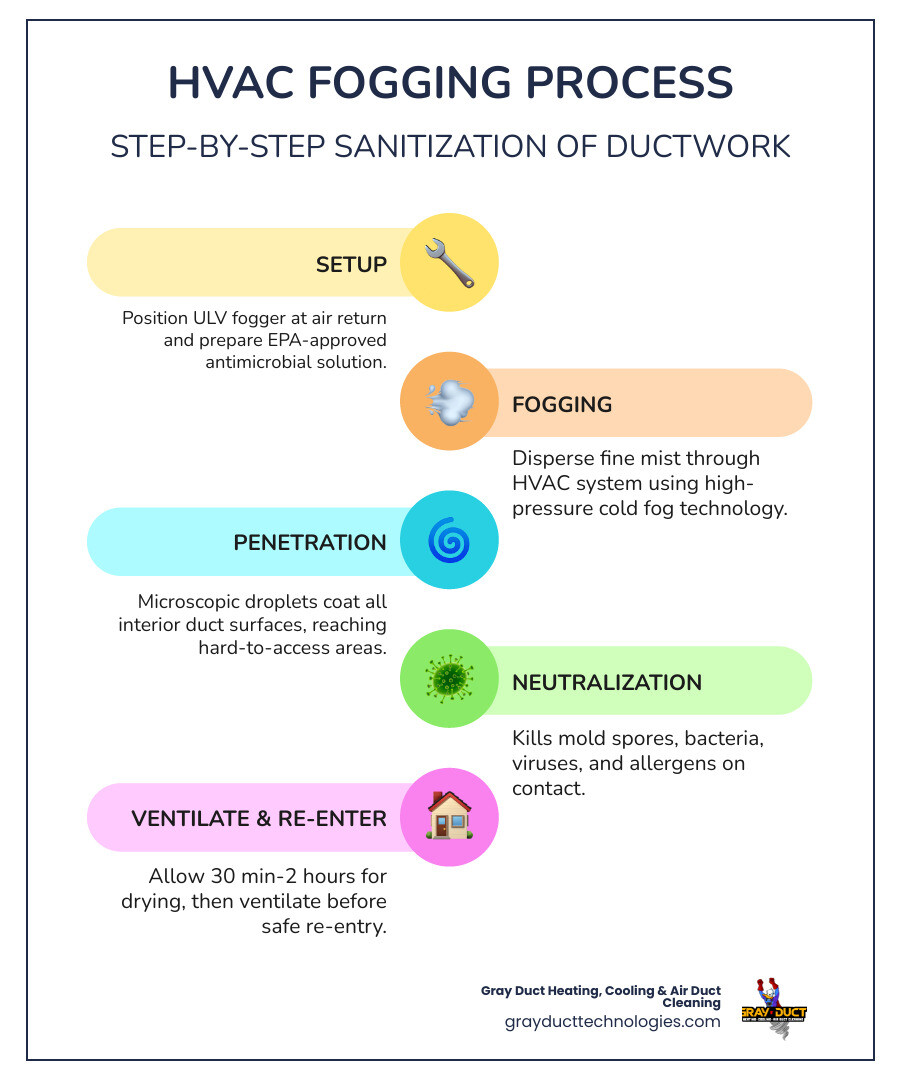Step-by-step infographic showing the HVAC system fogging process from ULV fogger setup to re-entry guidelines - what is hvac