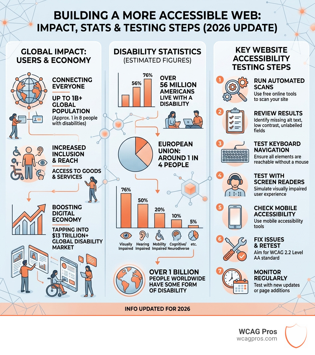 Infographic showing how web accessibility impacts global users, disability statistics, and key testing steps - check website Infographic showing how web accessibility impacts global users, disability statistics, and key testing steps - check website