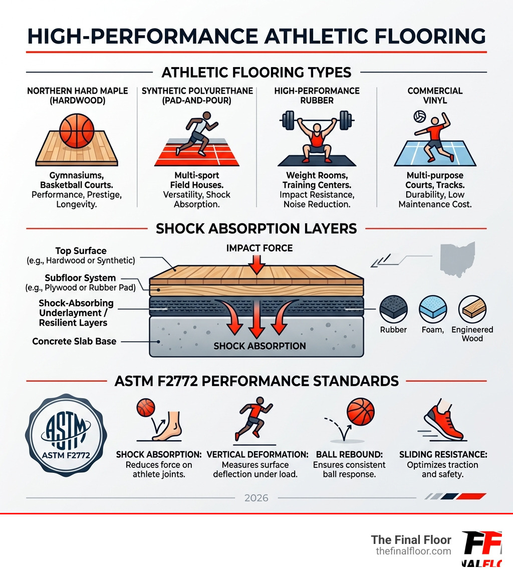 Athletic flooring types, shock absorption layers, and ASTM F2772 performance standards infographic - athletic flooring Athletic flooring types, shock absorption layers, and ASTM F2772 performance standards infographic - athletic flooring