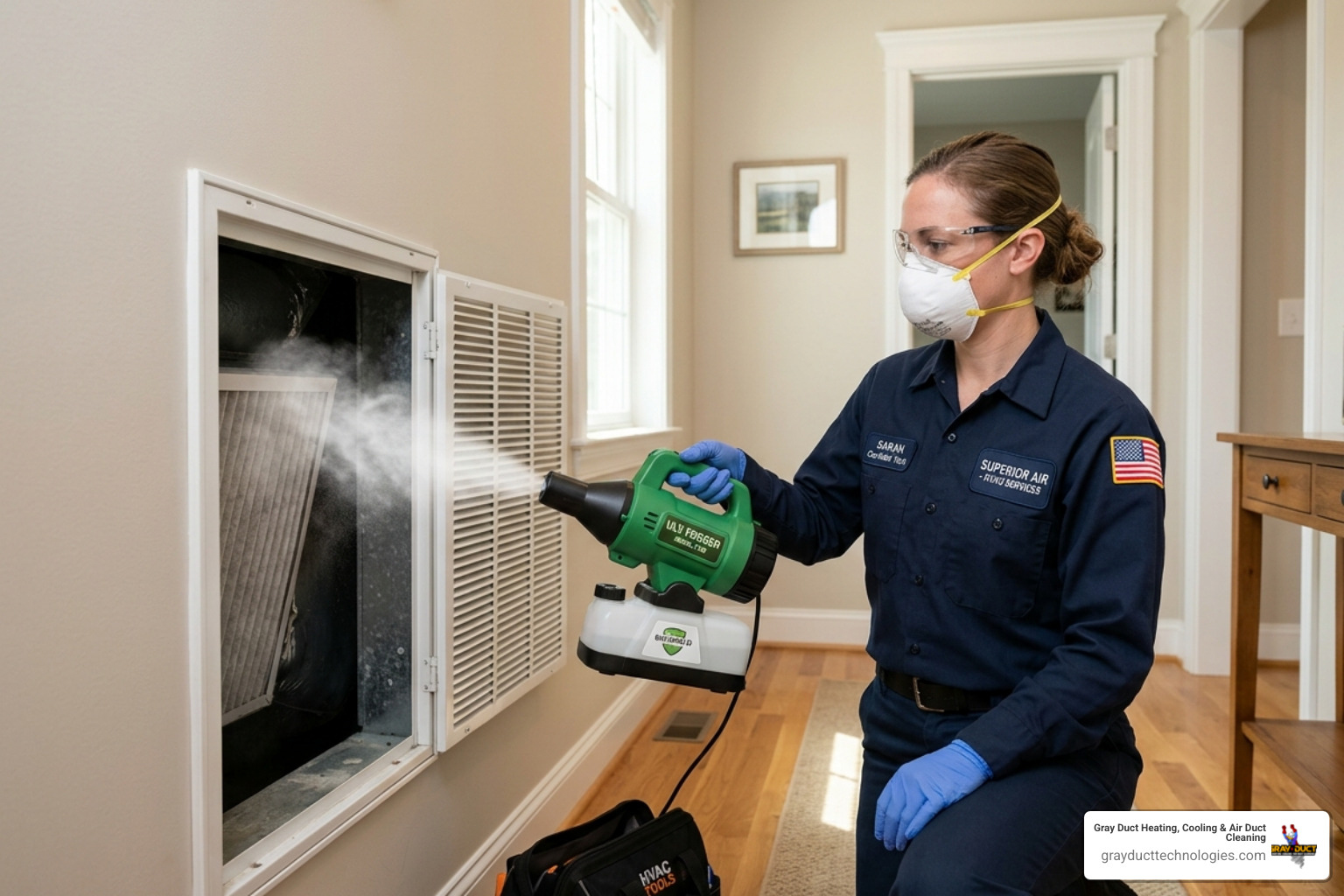 A professional ULV fogger dispersing a fine antimicrobial mist into an HVAC air return - what is hvac system fogging
