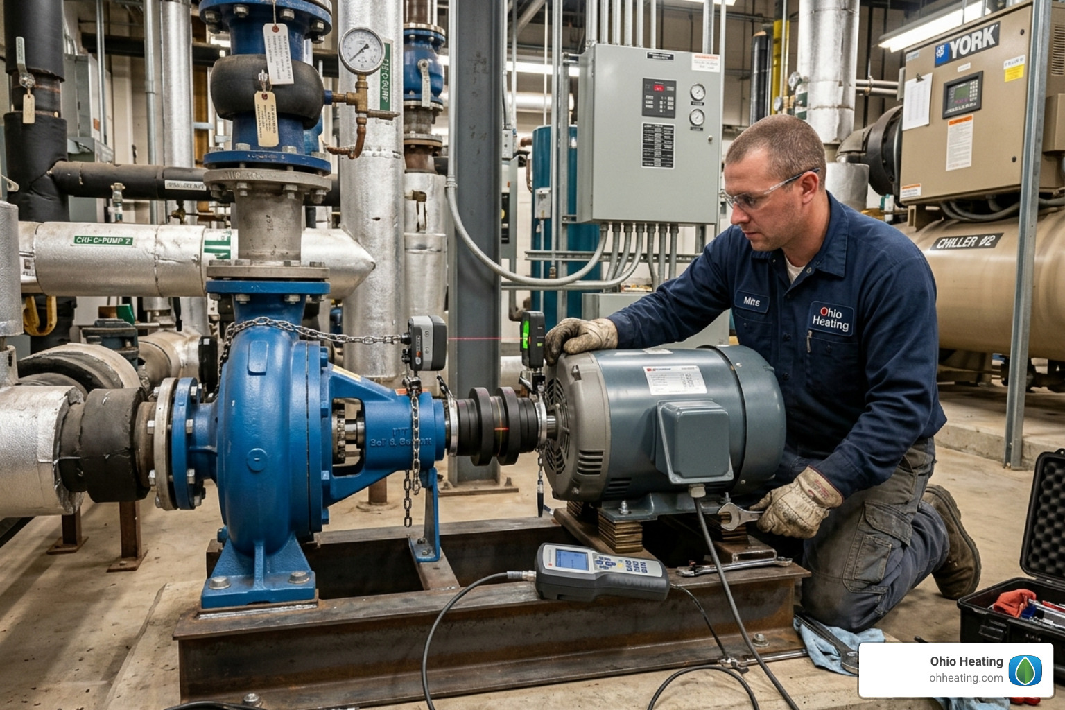 Technician performing laser alignment on a new chiller pump motor - chiller pump replacement service