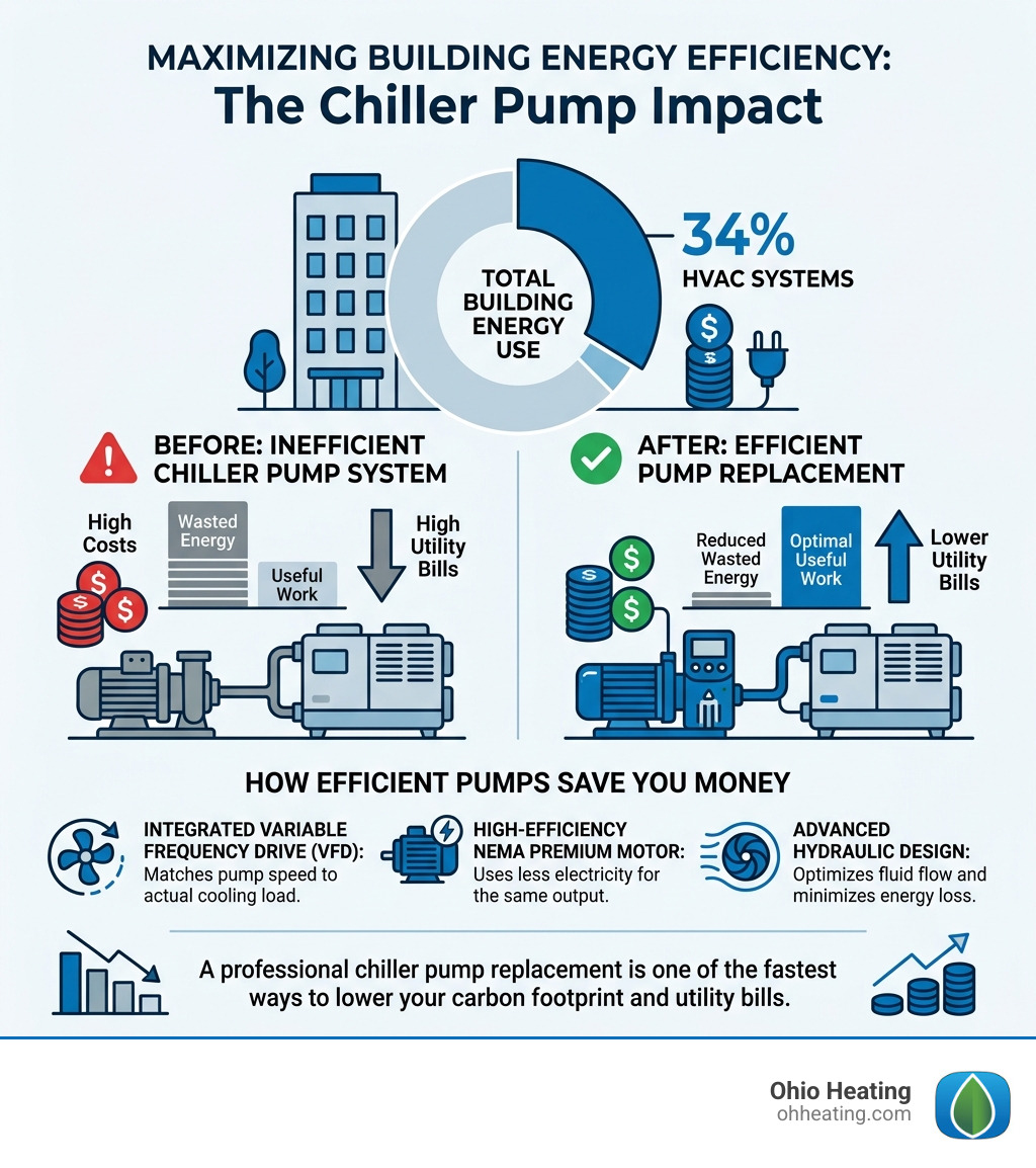 Infographic showing that HVAC systems use 34% of building energy and how efficient pumps reduce that cost - chiller pump