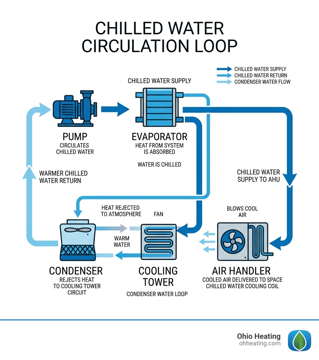 Chilled water circulation loop infographic showing pump, evaporator, air handler, and condenser flow path - chiller pump