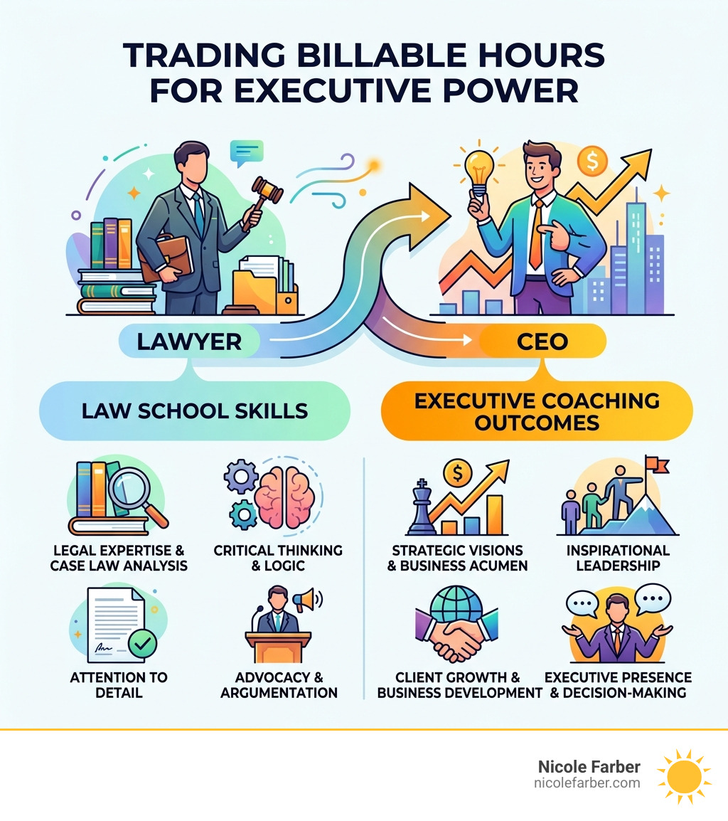 Infographic showing the shift from lawyer to CEO: law school skills vs executive coaching outcomes - CEO coaching for Infographic showing the shift from lawyer to CEO: law school skills vs executive coaching outcomes - CEO coaching for