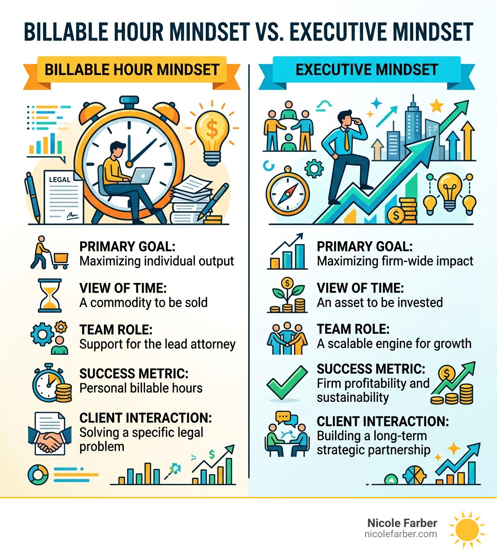 Infographic comparing the billable hour mindset vs the executive mindset - CEO coaching for lawyers infographic Infographic comparing the billable hour mindset vs the executive mindset - CEO coaching for lawyers infographic