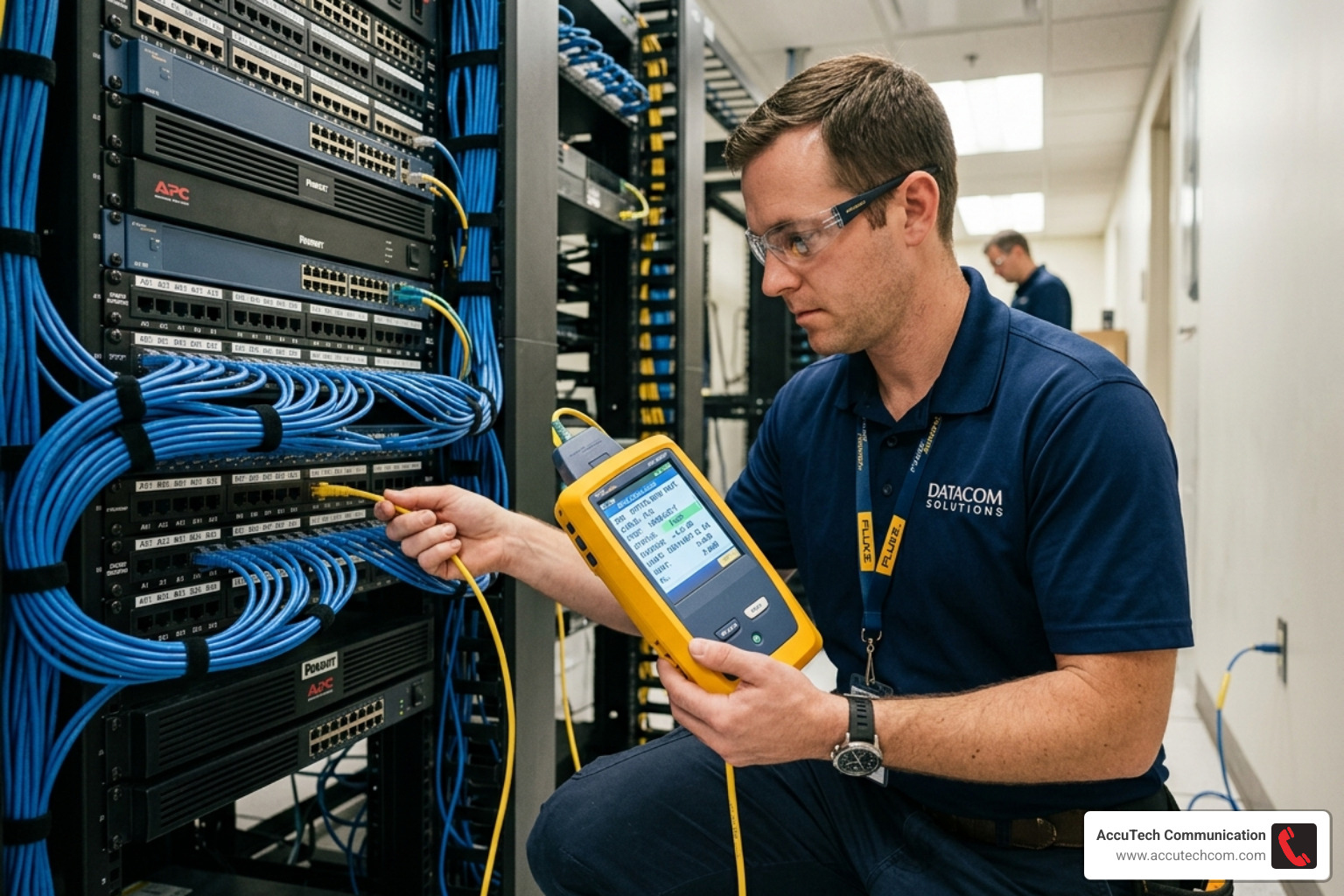 Technician using a Fluke Networks cable certifier to verify 10Gbps performance on a new installation - network cabling price