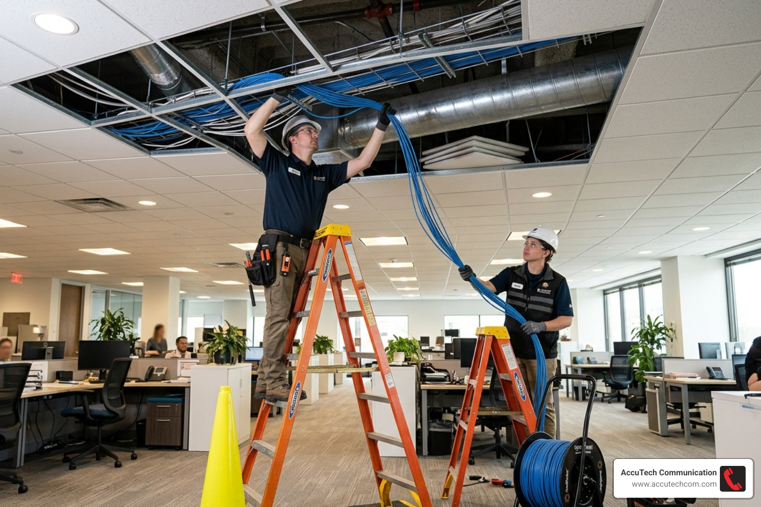 Professional technicians installing structured cabling in a commercial drop-ceiling environment - network cabling price